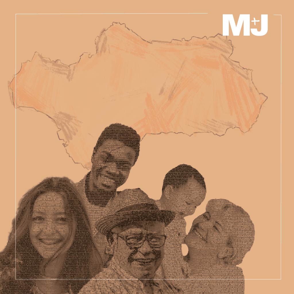 Mapa de Andalucía formado con las caras del equipo M+J · Tierra de Luz